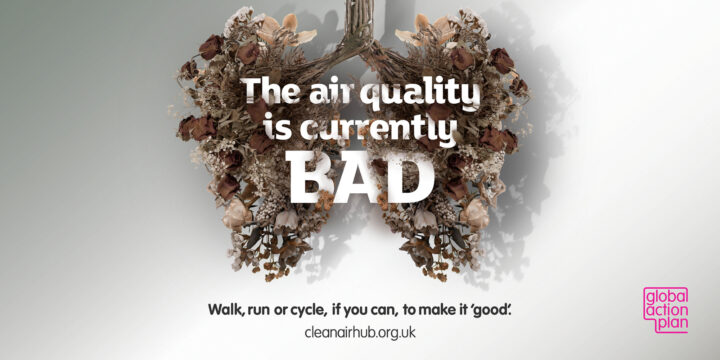 Text (The air quality is currently bad) weaved into an image depicting lungs made up of dead flowers.