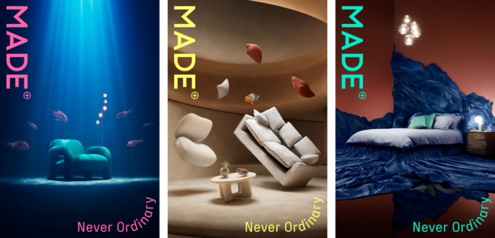 3 poster images showing furniture by made in extraordinary scenarios