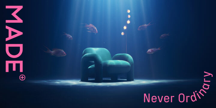 Image of an armchair with a spotlight surrounded by fish underwater