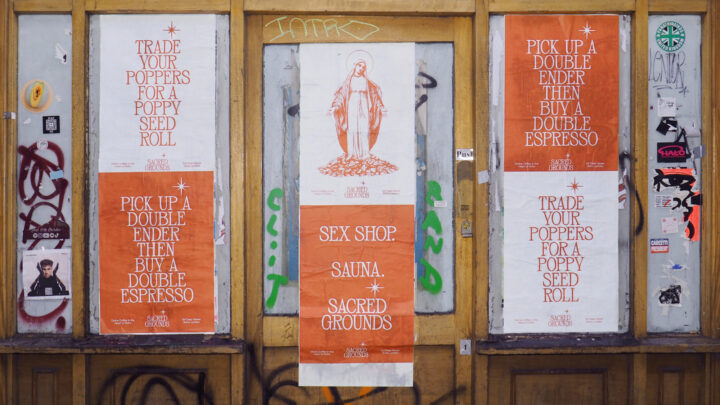 orange and white fly posters on a wall