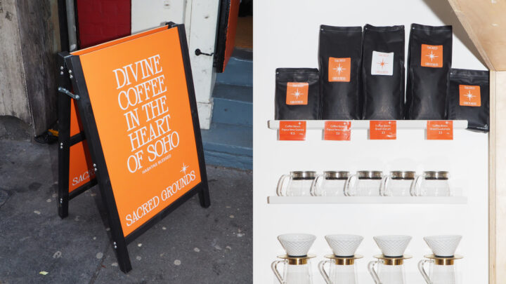 dual image of Sacred Grounds A-board and logo adorned coffee bags