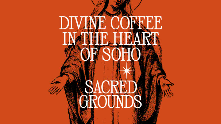 Holy statue with the copy 'Divine coffee in the heart of Soho - Sacred Grounds'