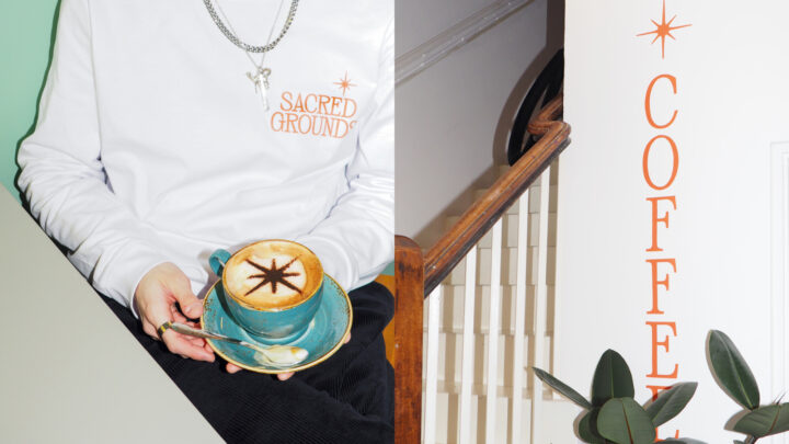 dual image of a person wearing a sacred grounds top, holding a coffee, and a orange coffee vinyl on a white wall