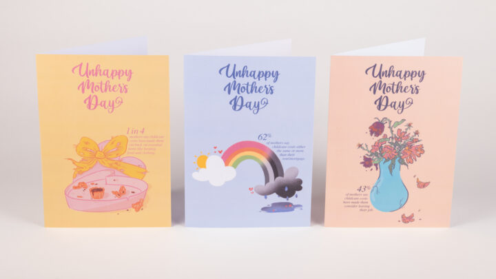 Greetings cards on a grey background featuring illustrations and statistics relating to the UK's child care cost issue