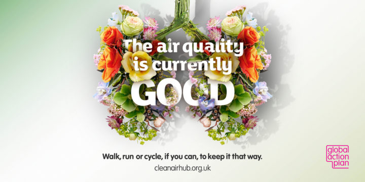 Text (The air quality is currently good) weaved into an image depicting lungs made up of fresh healthy flowers.