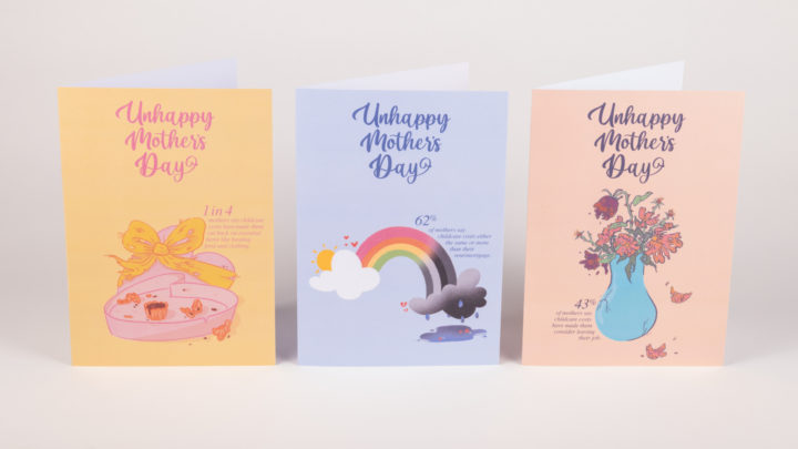 Greetings cards on a grey background featuring illustrations and statistics relating to the UK's child care cost issue
