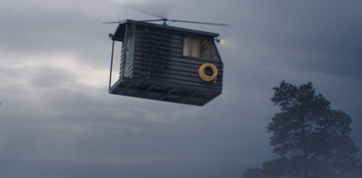 Still of shed flying from campaign video